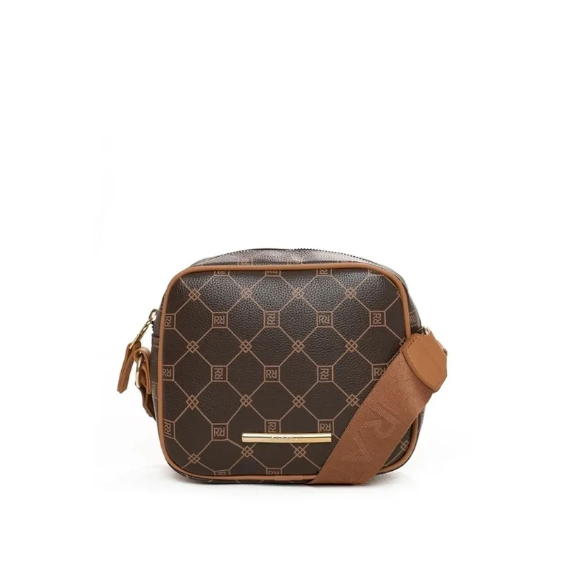 Bolsa Feminina Rafitthy Transversal Pequena com Monograma Marrom/Caramelo - U