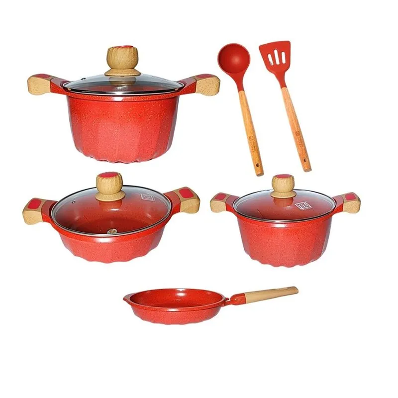 Jogo Panela Indução Revestimento Antiaderente Mármore Cerâmico 4 Peças Vermelho