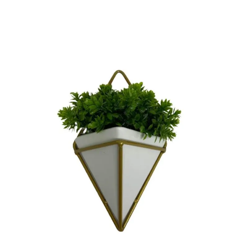 Vaso triângulo com suporte metal dourado para parede