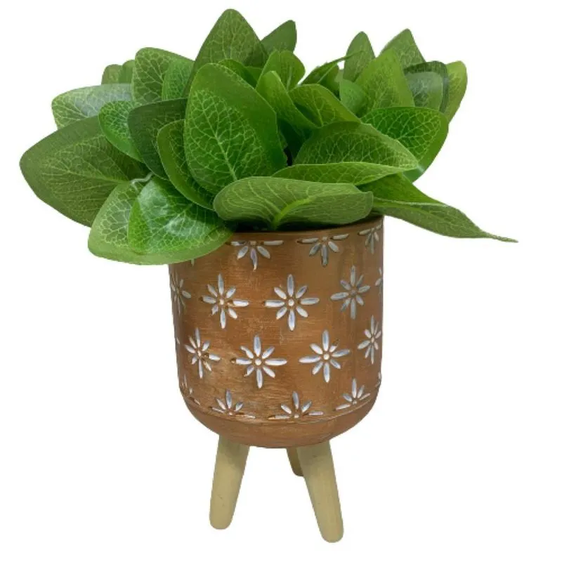 Vaso rose gold médio tripé de madeira estampa mosaica