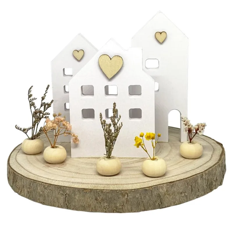 Peça Décor De Mesa Madeira Com Vasinhos e Flores 15x17cm