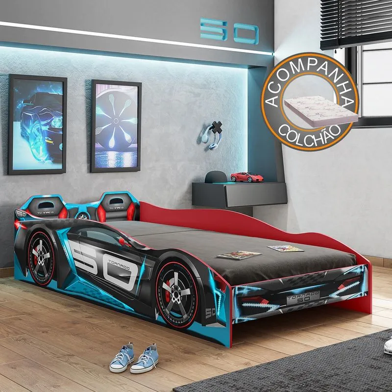 Cama Infantil Carro Tornado Plus Preto Azul Pura Magia + Colchão Ortobom