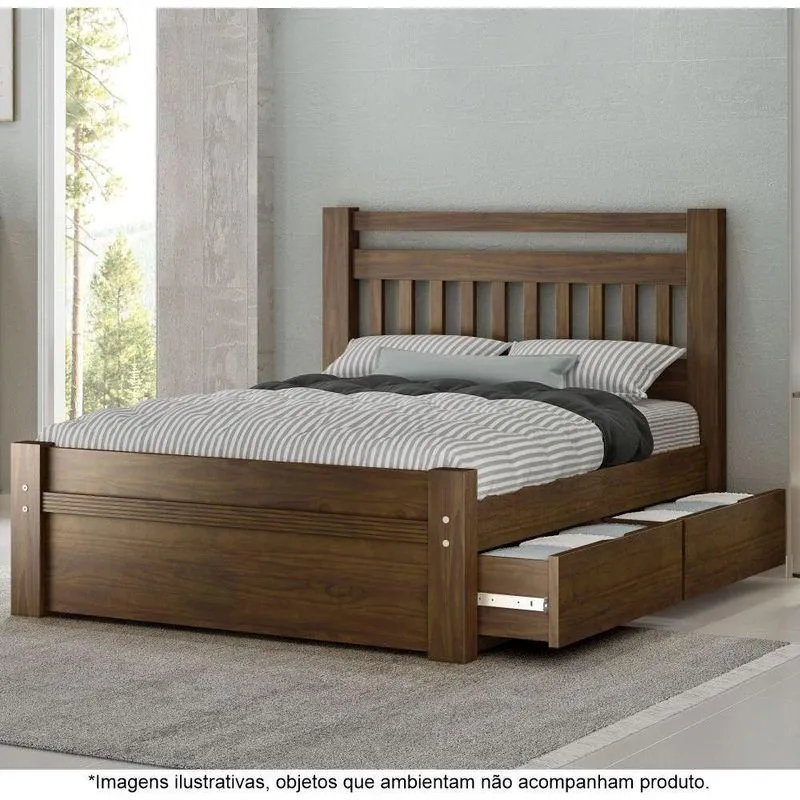 Cama Casal Em Madeira Maciça 2 Gavetas 1,40 Orleans Castanho