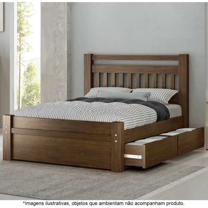Cama Casal em Madeira Maciça 2 Gavetas 1,60 Orleans Castanho - Straub Web