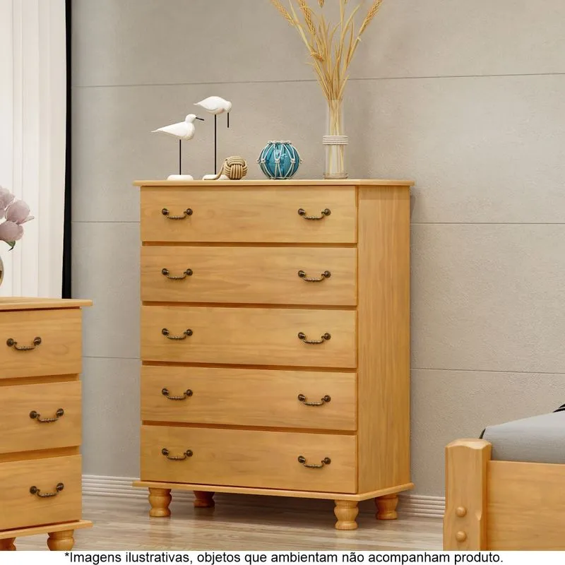 Cômoda para Quarto em Madeira Maciça 5 Gavetas Havana Mel - Straub Web