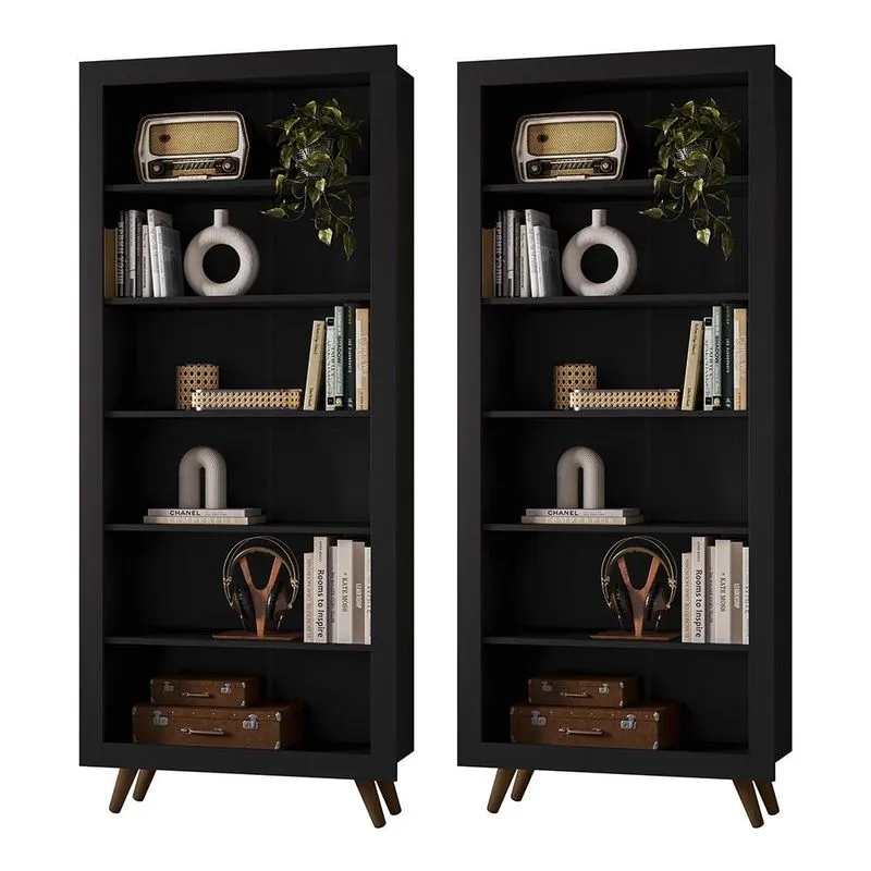 Kit com 02 Estantes Livreiros Retrô 4430 Qmovi Preto