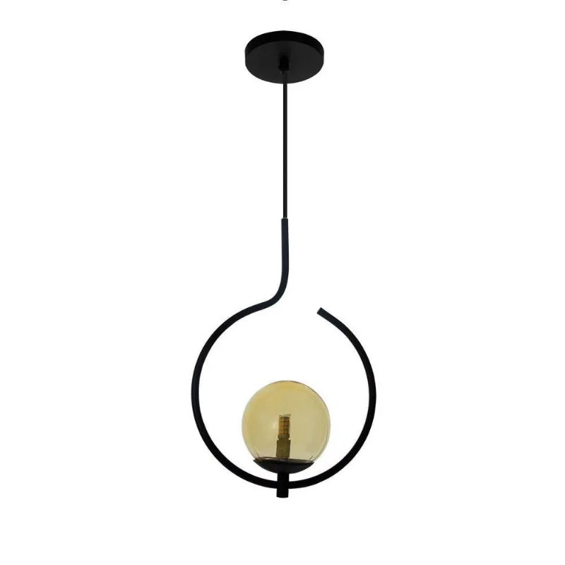 Pendente Lustre On Loop Preto Com Globo De Vidro Preto/vidro Ambar