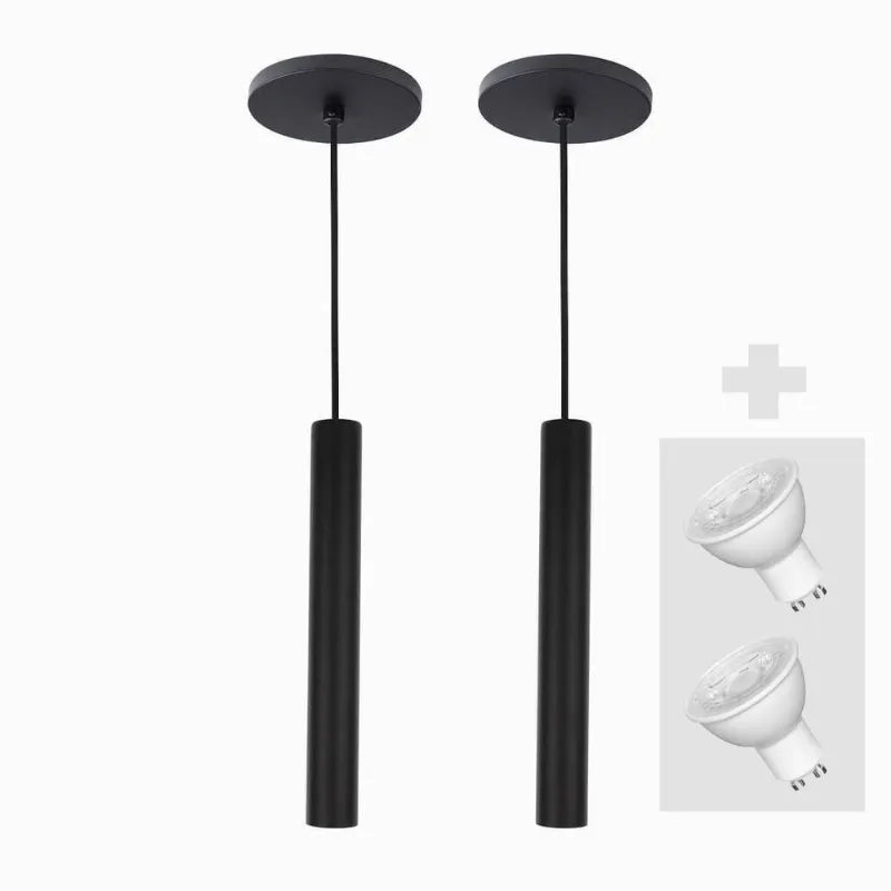 Kit 2 Pendente Tubo Palito 30cm - Preto + Lampada Led 4w