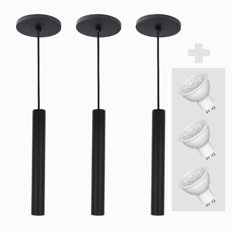 Kit 3 Pendente Tubo Palito 30cm - Preto + Lampada Led 4w