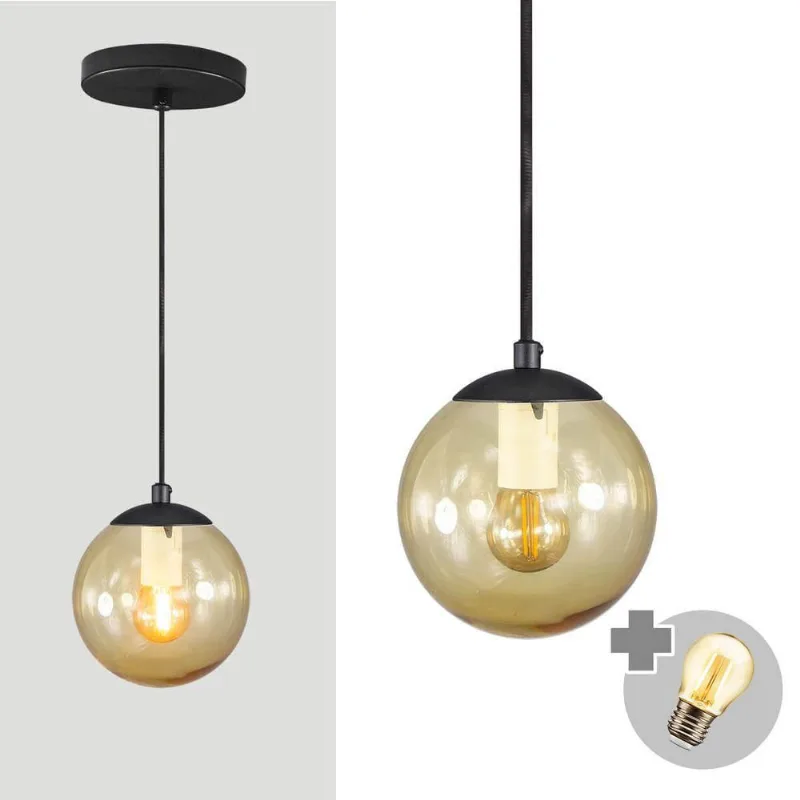 Pendente Preto C/ Globo De Vidro âmbar De 14cm + Led 2w