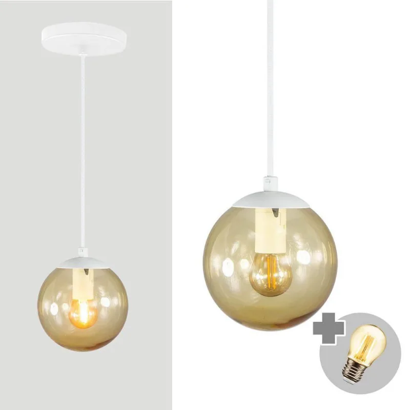 Pendente Branco C/ Globo De Vidro Ambar De 14cm + Led 2w