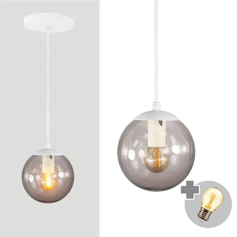 Pendente Branco C/ Globo De Vidro Fume De 14cm + Led 2w