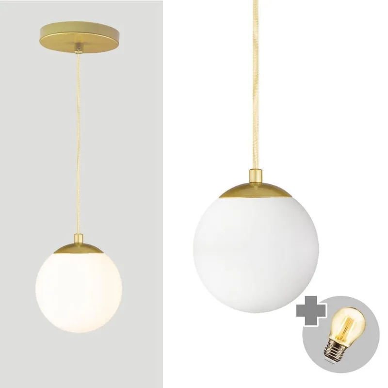 Pendente Ouro C/ Globo De Vidro Branco De 14cm + Led 2w