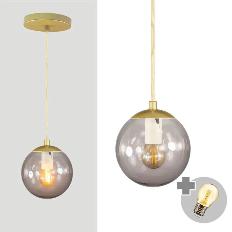 Pendente Ouro C/ Globo De Vidro Fume De 14cm + Led 2w
