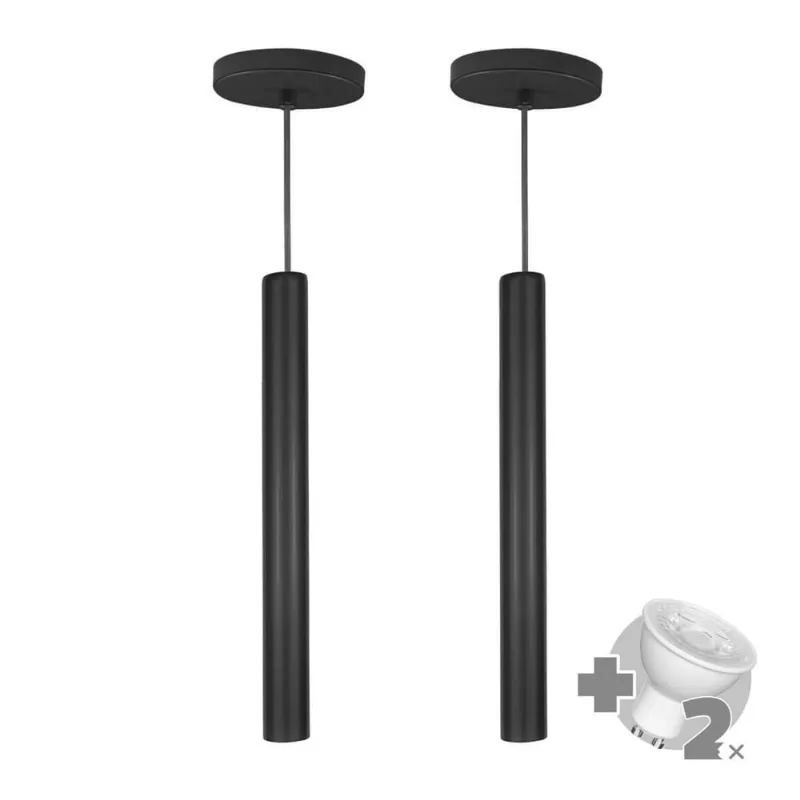 Kit 2 Pendente Tubo Palito 45Cm - Preto + Lampada Led 4W