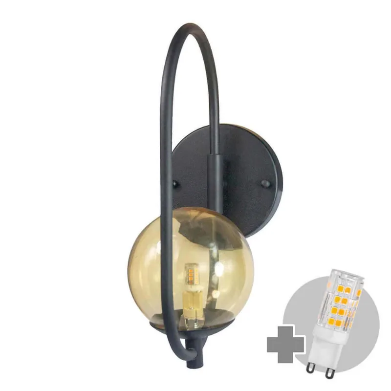 Arandela Online Preta Globo De Vidro Ambar + Led 5W