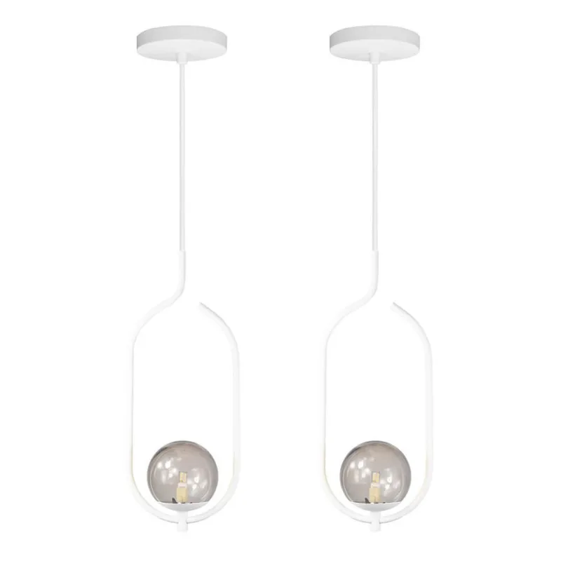 Kit 2 Pendentes Lustres On Clip Branco Globo De Vidro Fumê