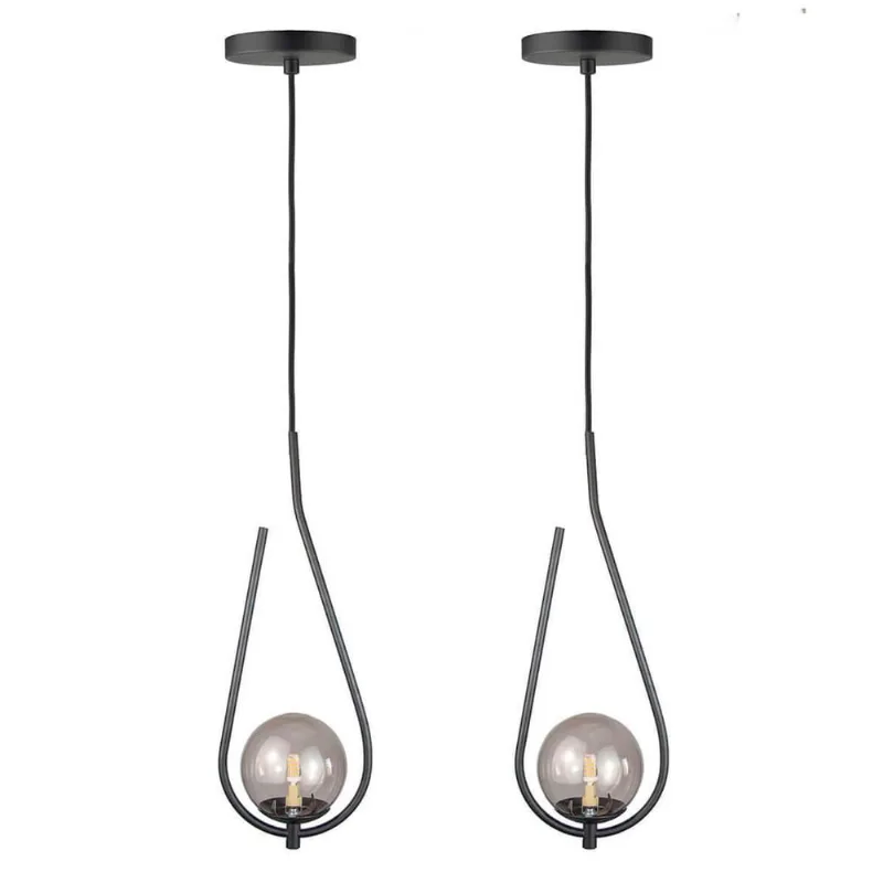 Kit 2 Pendentes Lustres On Drop Preto Globo De Vidro Fume