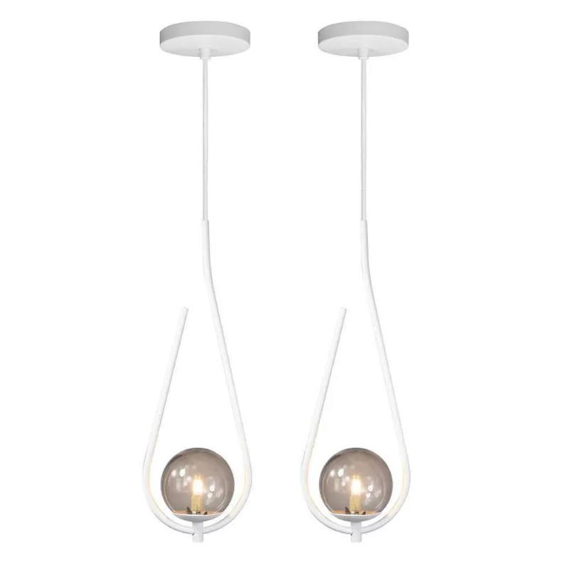 Kit 2 Pendentes Lustre On Drop Branco Globo De Vidro Fumê