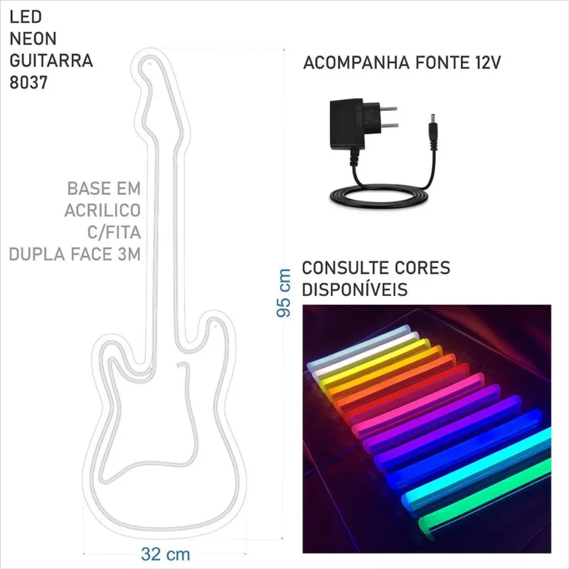 Painel Luminoso Criativo Guitarra - Neon Led - Branco Frio