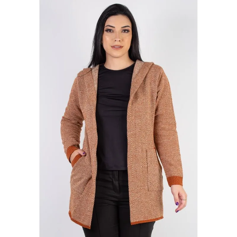 Casaco feminino de malha com bolso e capuz 60015