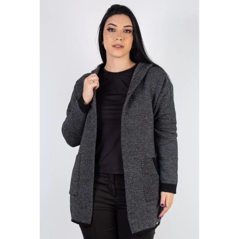 Casaco feminino de malha com bolso e capuz 60015
