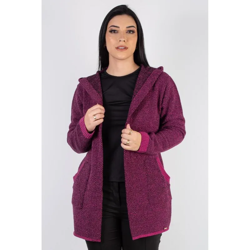 Casaco feminino de malha com bolso e capuz 60015