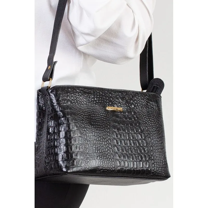Bolsa de couro croco estruturada Evelyn Preto