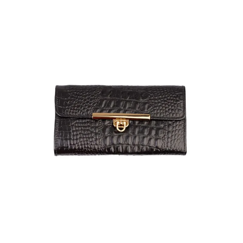 Carteira feminina de couro croco Kate 10,5x19,5cm Preto