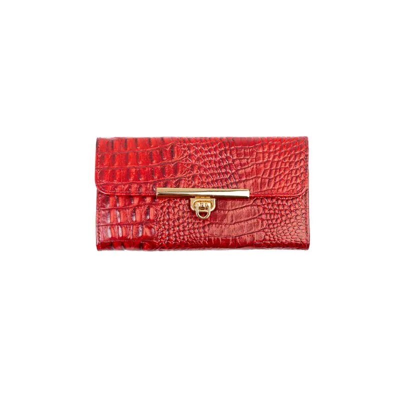 Carteira feminina de couro croco Kate 10,5x19,5cm Vermelho