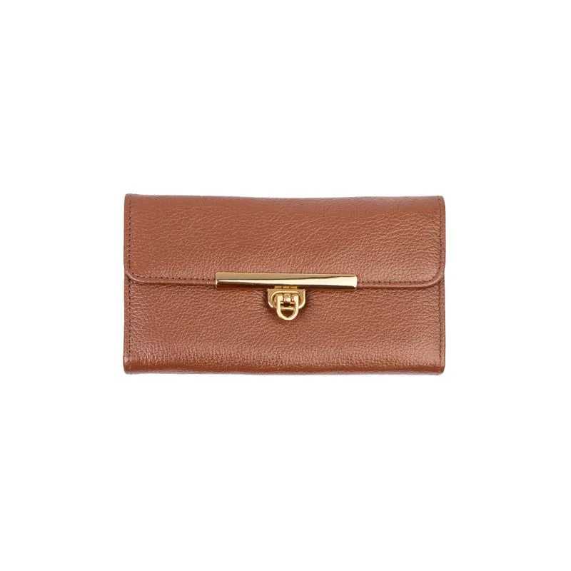 Carteira feminina de couro liso Kate 10,5x19,5cm Whisky