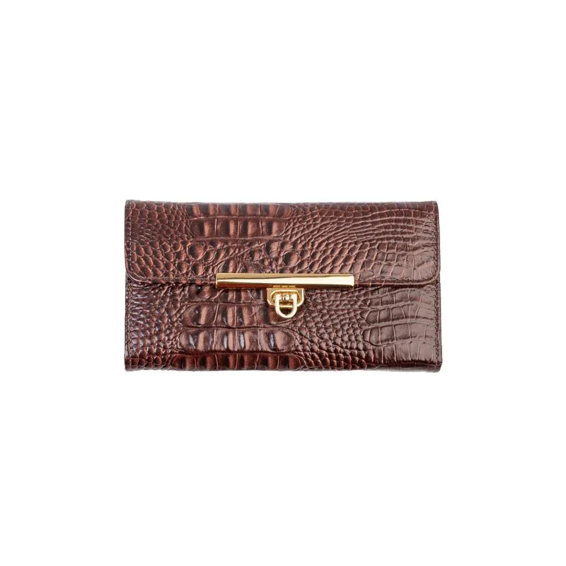 Carteira feminina de couro croco Kate 10,5x19,5cm Café