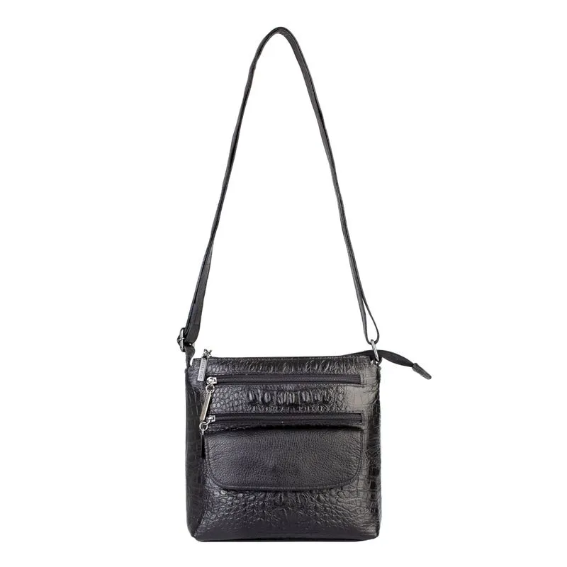Bolsa transversal de couro croco grafite Maura Preto