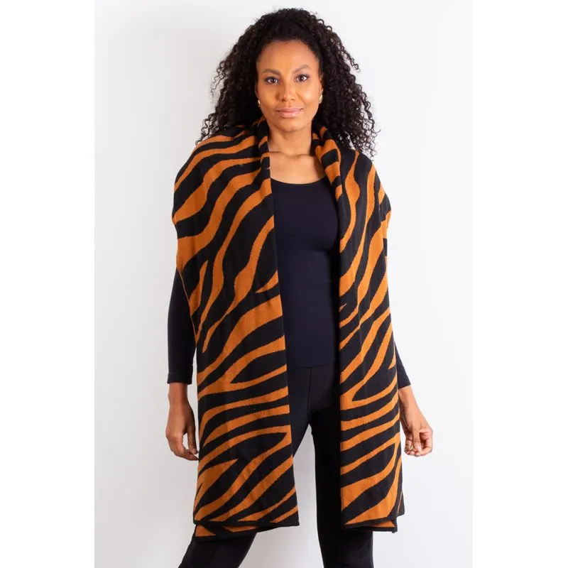 Cachecol echarpe feminino de malha tricô 60042 Animal Print Preto/Caramelo