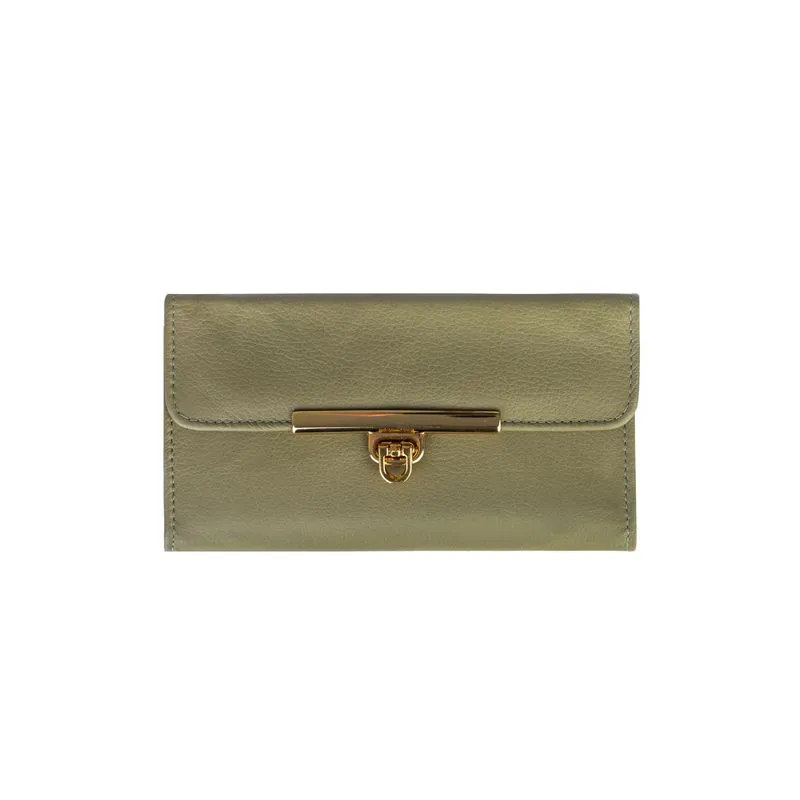 Carteira feminina de couro liso Kate 10,5x19,5cm Verde