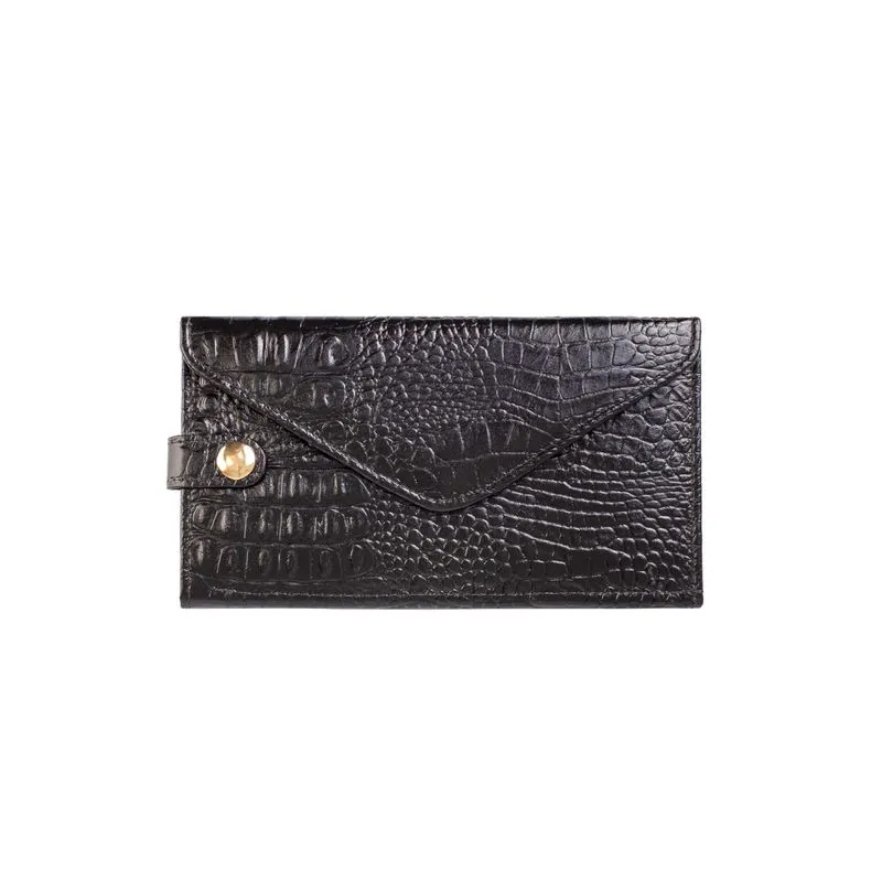 Carteira feminina de couro croco Clara 10,5x19cm Preto