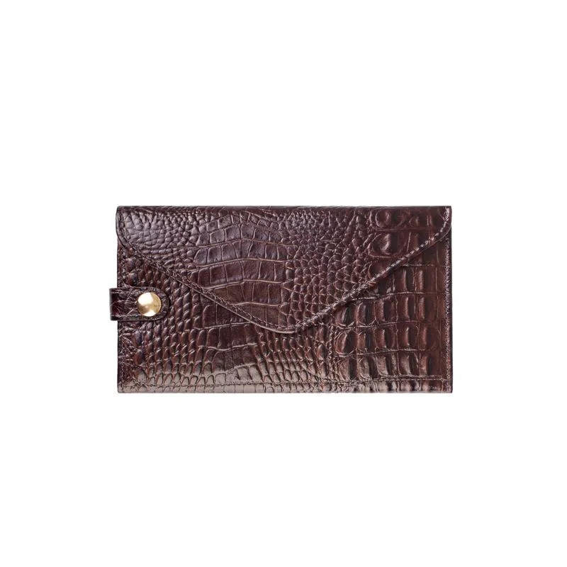 Carteira feminina de couro croco Clara 10,5x19cm Café