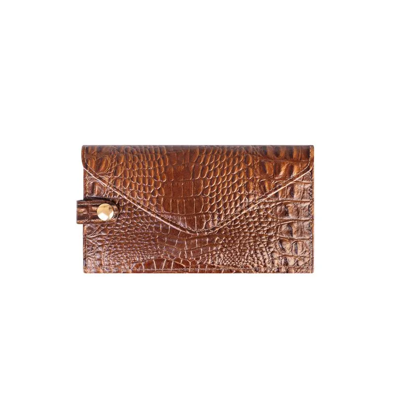 Carteira feminina de couro croco Clara 10,5x19cm Whisky