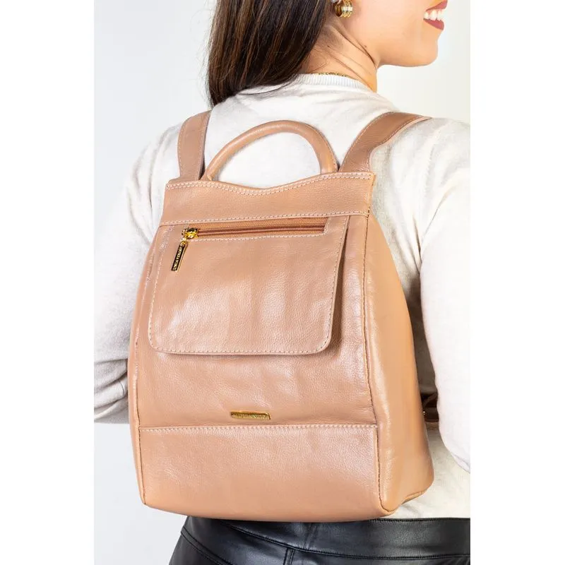 Mochila pequena antifurto couro liso Susan Bege