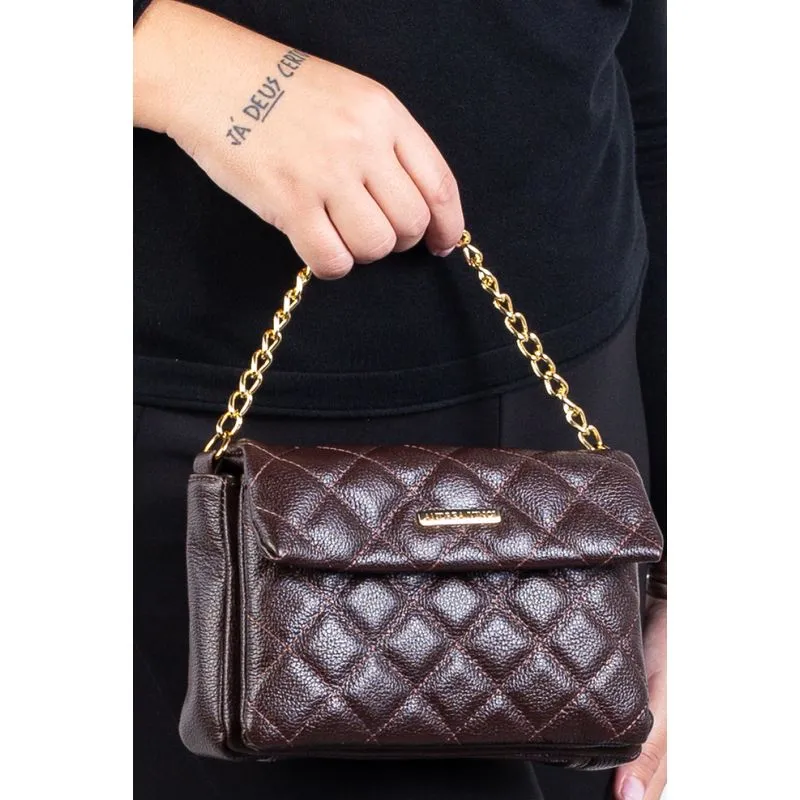 Bolsa de couro com corrente matelassê Giulia Café