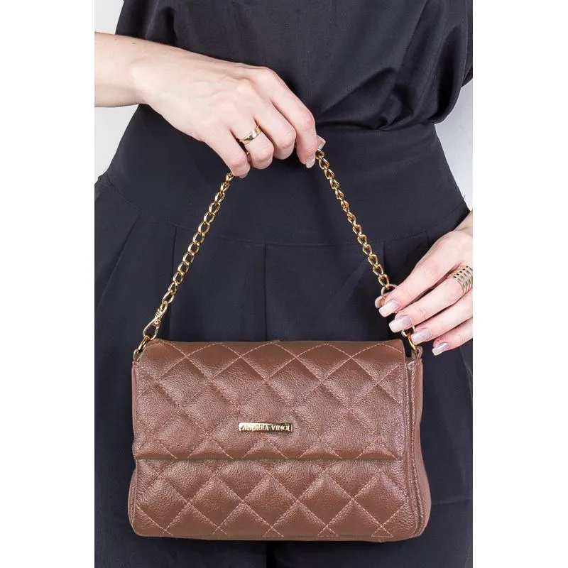 Bolsa de couro com corrente matelassê Giulia Whisky