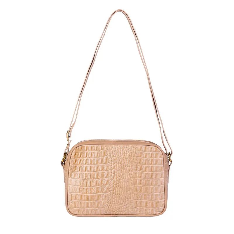 Bolsa quadrada pequena de couro croco Diana Bege