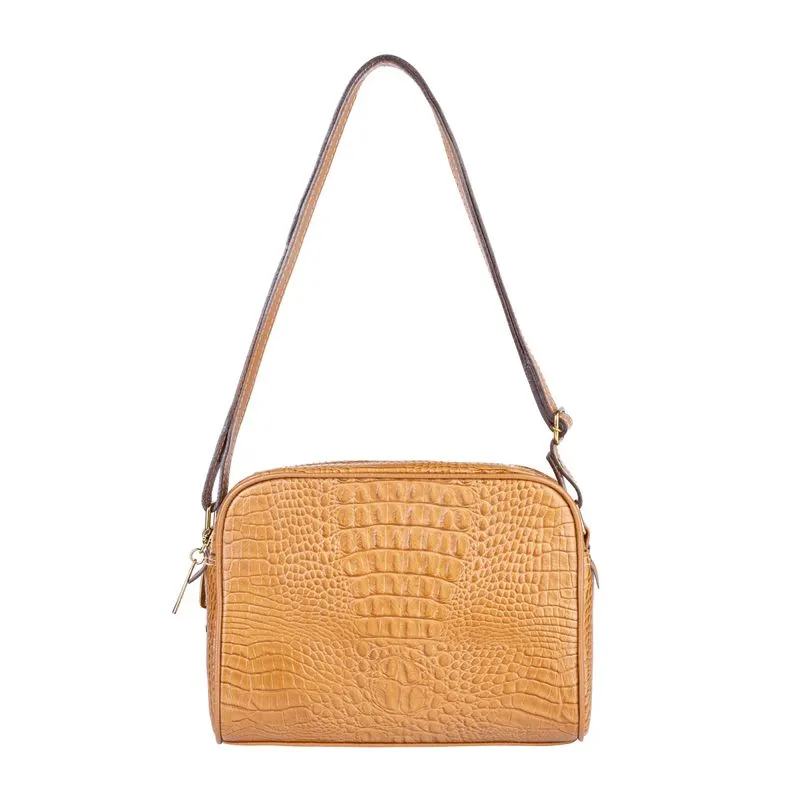 Bolsa quadrada de couro croco Daiana Caramelo