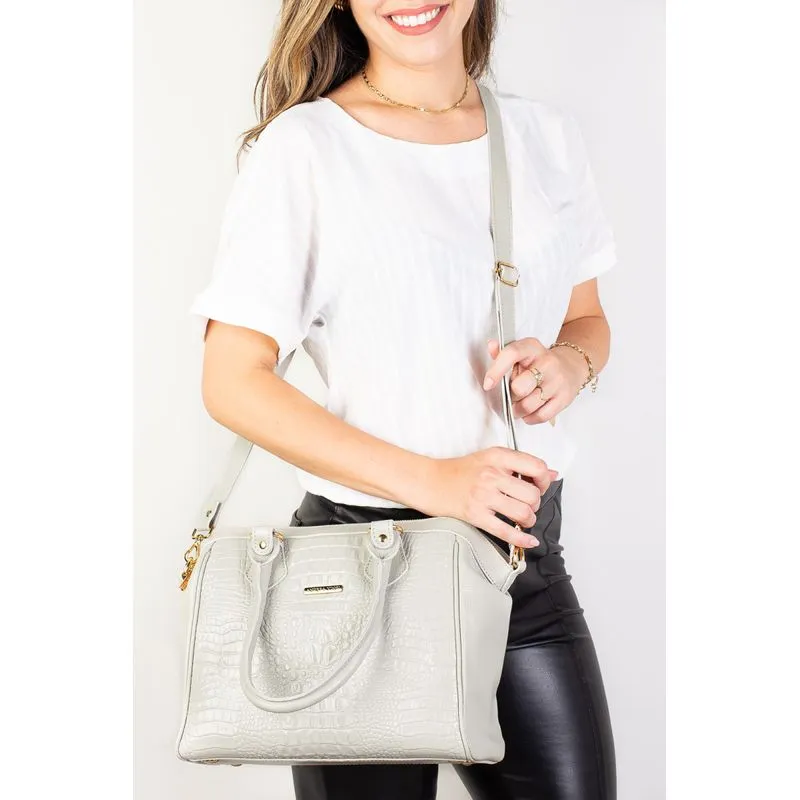 Bolsa estruturada de couro croco Leila Marfim