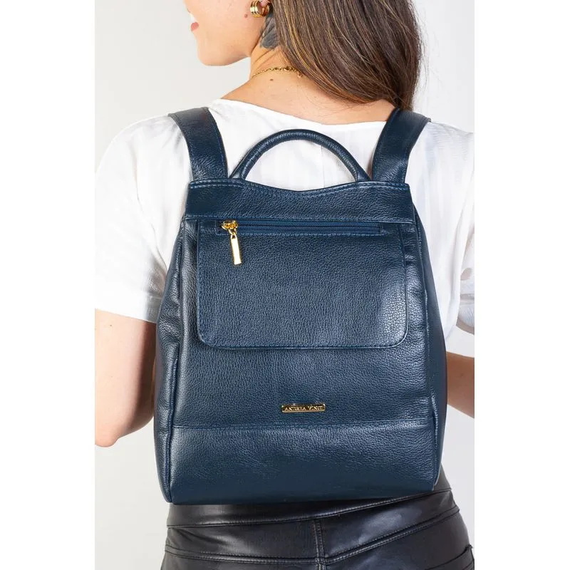 Mochila pequena antifurto couro liso Susan Azul