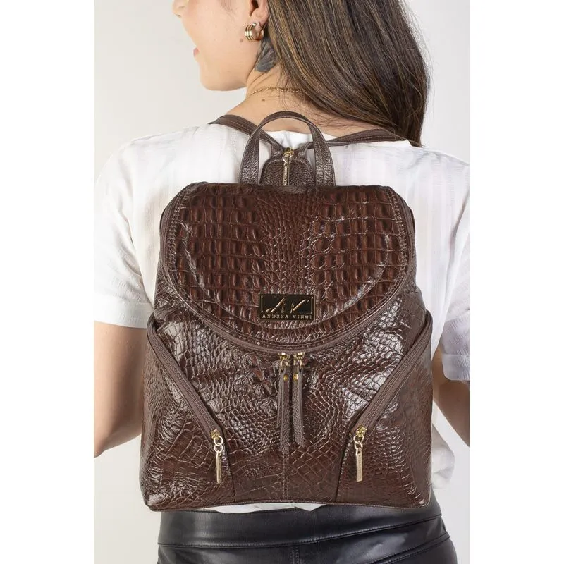 Mochila pequena de couro croco Cecília Café