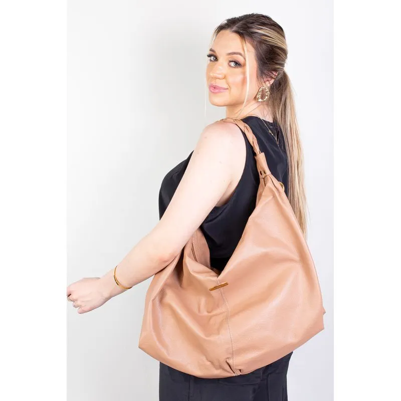Bolsa saco grande de couro liso Cassia Bege