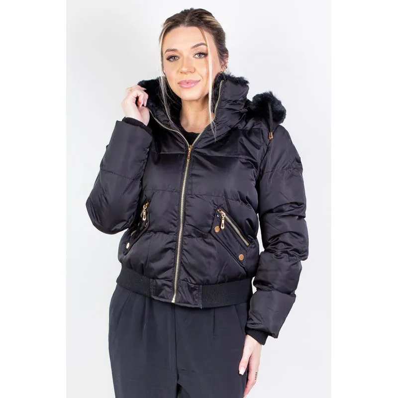 Jaqueta feminina de nylon curta com capuz removível 84115 P / Preto