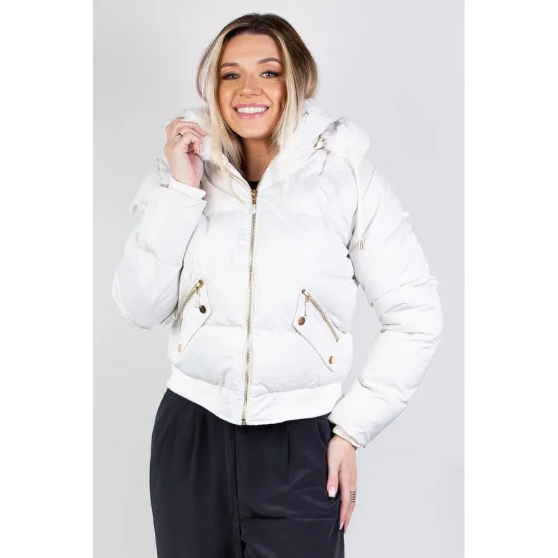 Jaqueta feminina de nylon curta com capuz removível 84115 GG / Off white