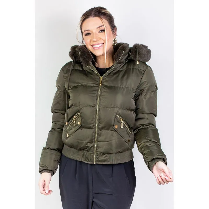 Jaqueta feminina de nylon curta com capuz removível 84115 P / Verde